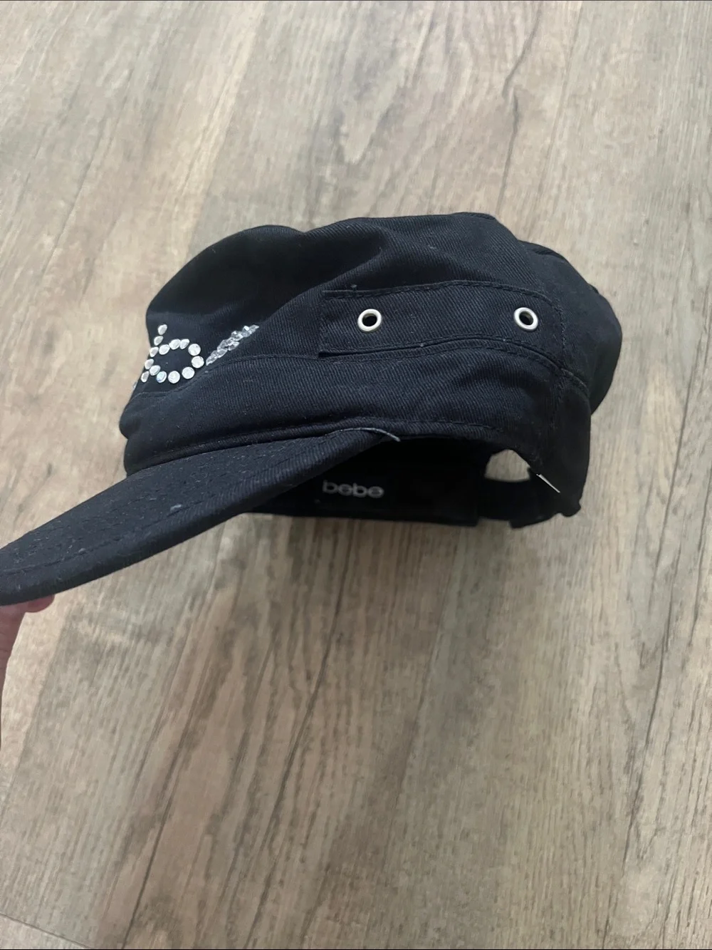 Y2K bebe Black With BEBE Jewels Newsboy Cap Logo Hat military style vintage
